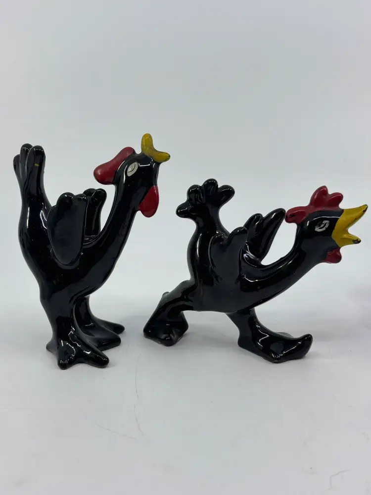 HTF Vintage Redware Weirdo Strutting Chicken Pair 4”
