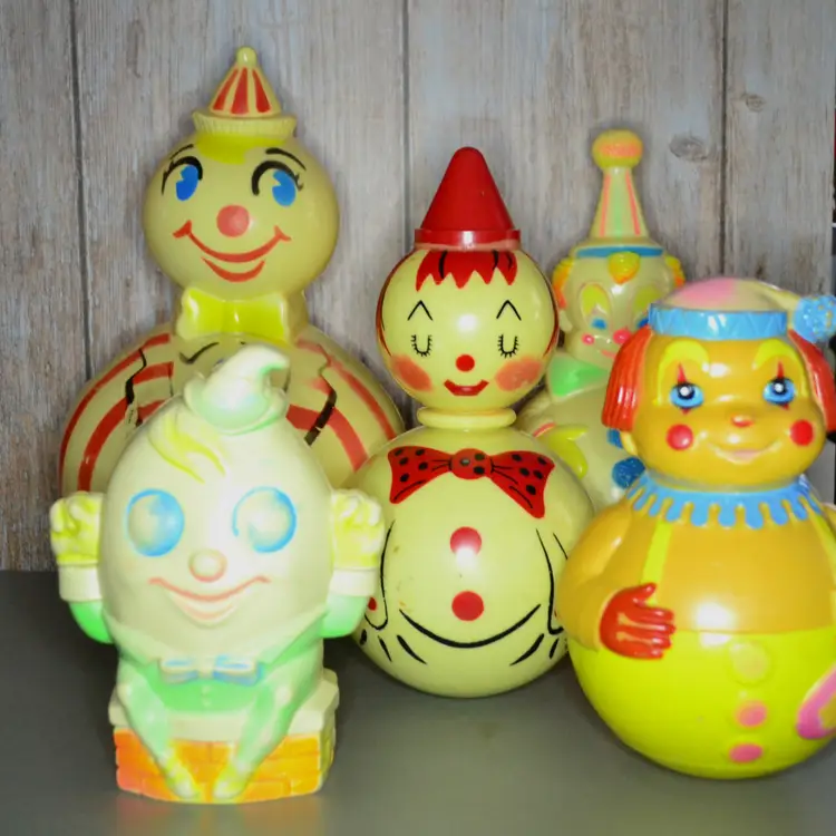 1950s 70s Clown Wobble Toy Collection Mixed Makers Bell Chime Sound