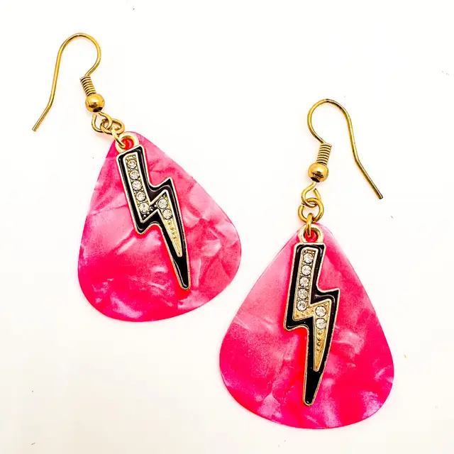 Guitar Pick Earrings Hot Pink Black Lightning Bolt Charm Handmade