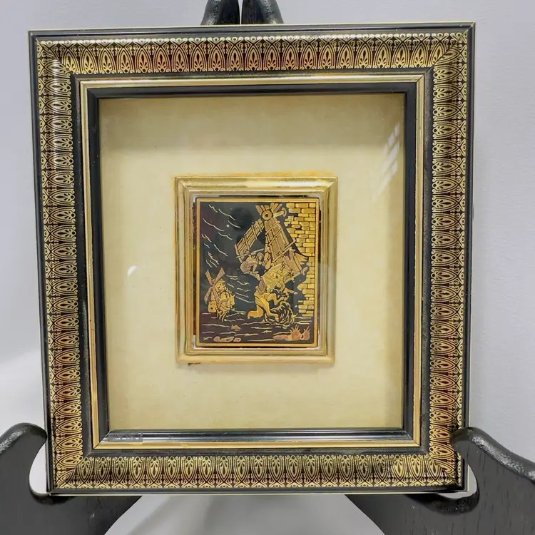 #1814 Vintage Damascene Toledo Spain Scene of Don Quixote and Sancho Panza "Tilting at Windmills"