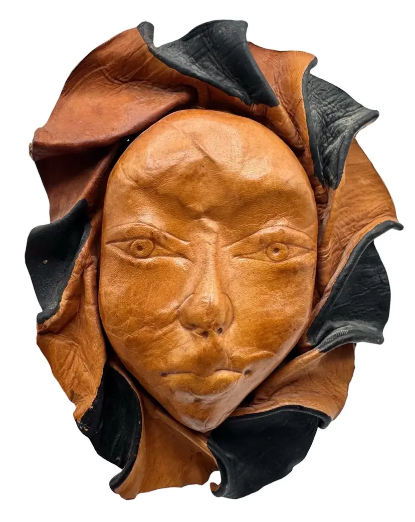 Vintage Handmade Tooled Leather Lady Woman Face Mask Wall Hanging Sculpture 8”