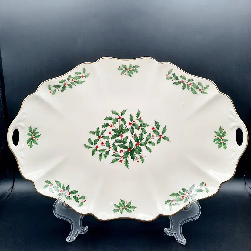 Lenox Holiday Holly Christmas Oval Serving Platter Tray Handled Gold Scalloped Rim