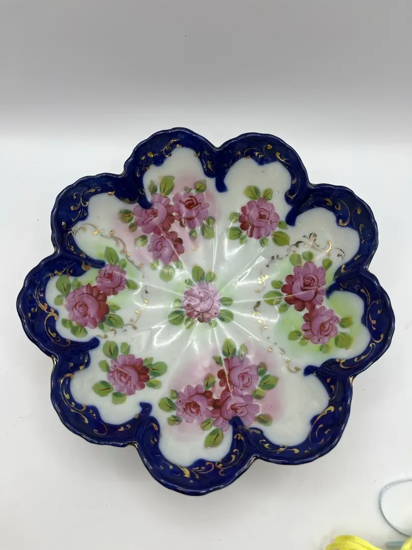 Nippon Cobalt Blue Hand painted Bowl Pink Roses 7 Inches Dia.