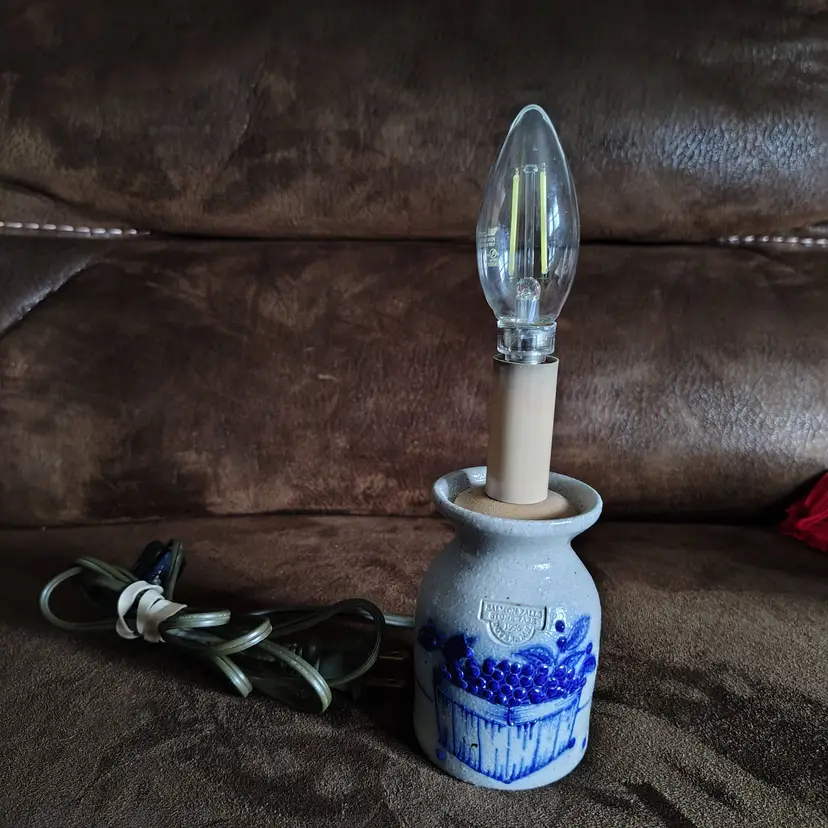 Vintage SALMON FALLS STONEWARE POTTERY Night Light, Mini Lamp, Blueberry Basket, 2001, RARE