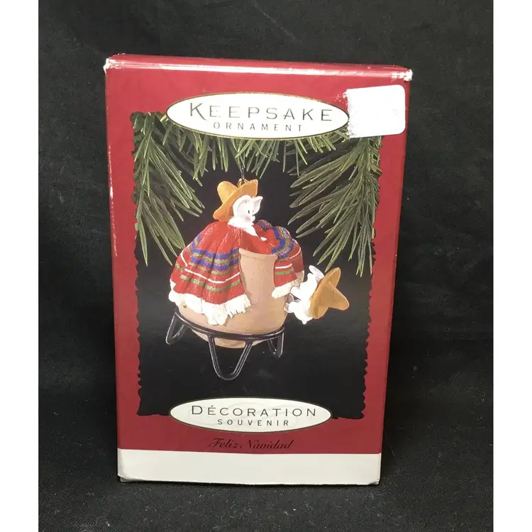 1996 Hallmark Feliz Navidad Mice sombreros,  blanket, clay pot Christmas ornament