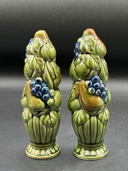 Salt Pepper Shakers-Vintage Japan-Grape Leaf Ceramic Green Blue Figural-Set of 2