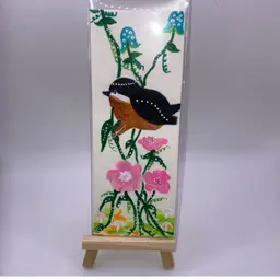 Signed by Artist! Bird, Florals And Mushrooms! Hand Painted Miniature Artwork 2 1/2" wide by 6” tall! Includes a mini wooden art easel for display! UV Reactive Flowers!