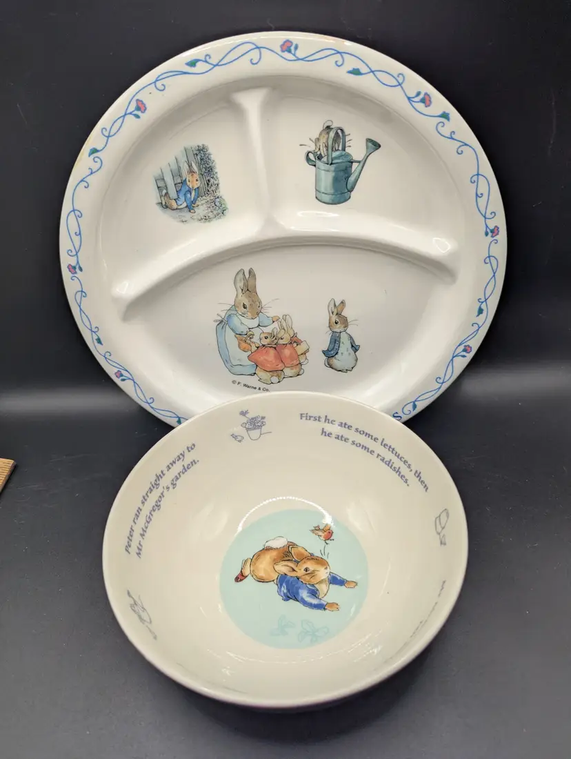 Vintage Lot of 2 Peter Rabbit and Friends Children's Dishes Wedgwood and Melamine