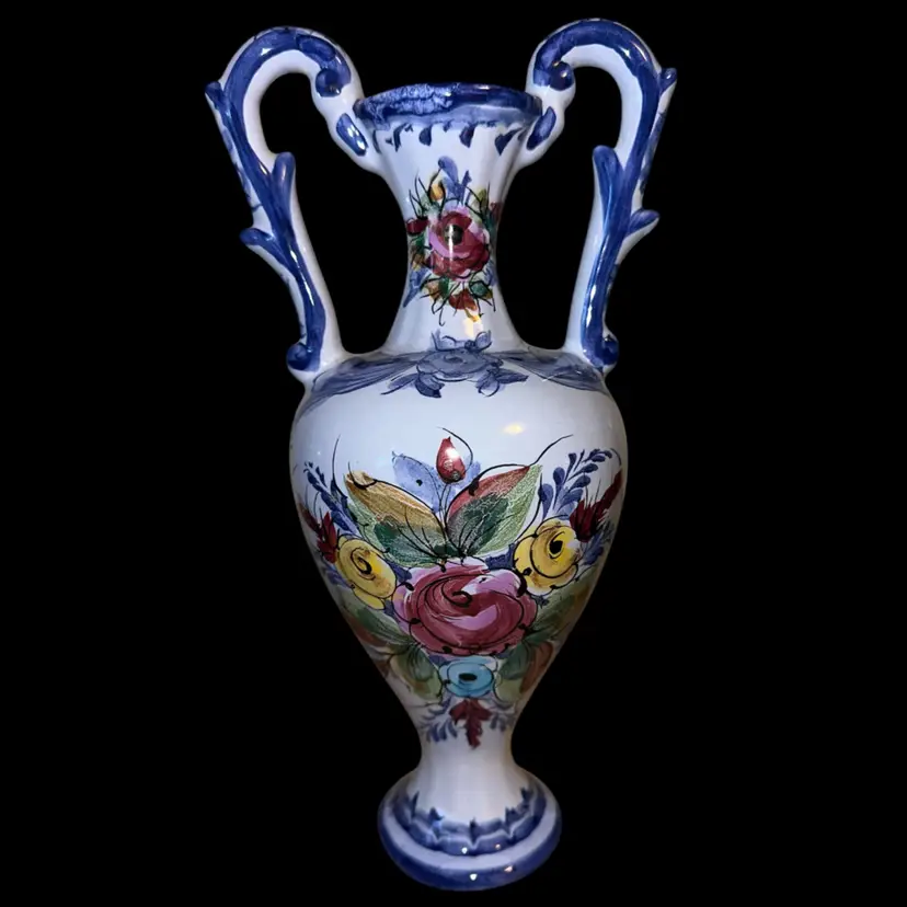 Floral Double Handled 10 3/4” Vase Portugal