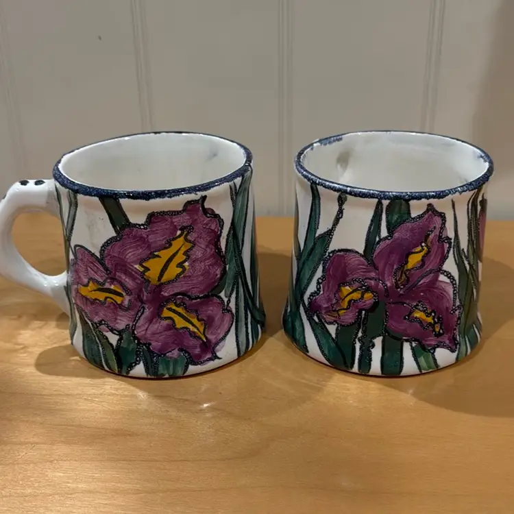 Artist Signed Studio Art Pottery Mugs With Purple Iris