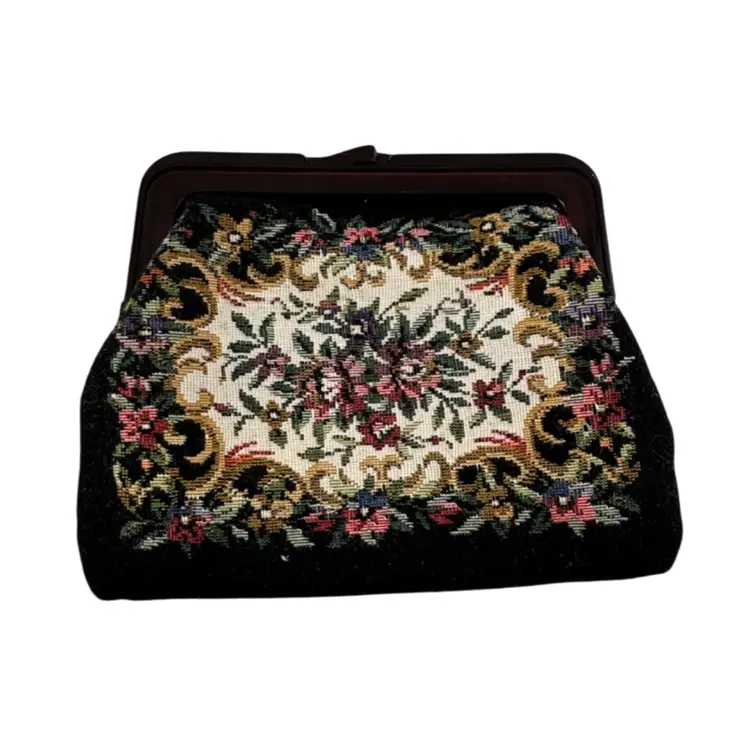 Vintage Tapestry Clutch With Brown Plastic Handle