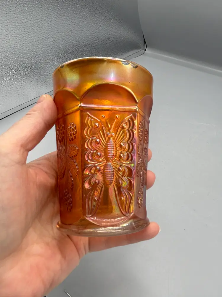Fenton Marigold iridescent tumbler with grape & leaf