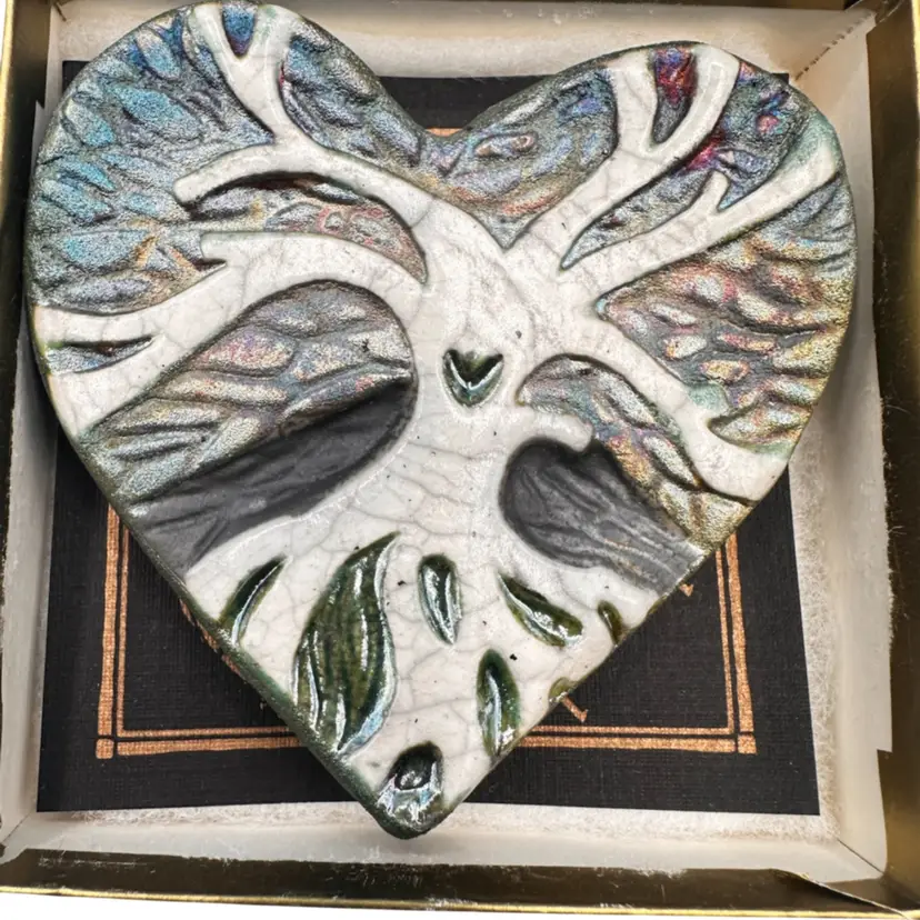 Jeremy Diller Raku Blessed Heart Pocket Trinket. Tree of Life. Pottery