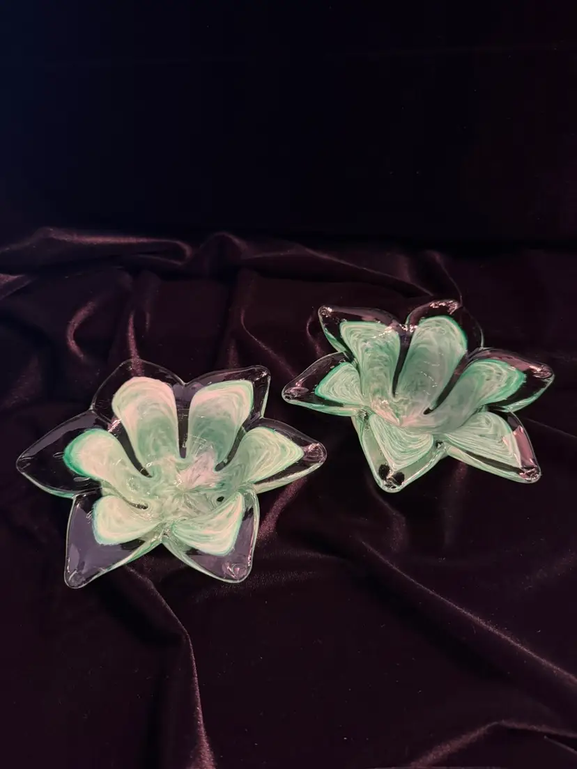 Vintage Green Swirl Slag Glass Lotus Bowls - Pair - Murano Style
