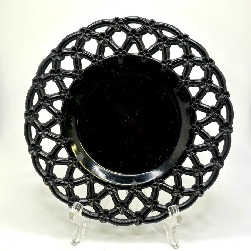 Westmoreland Black Glass Lace Edge Forget Me Not Lattice Plate 7.25”