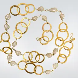 Vintage KJL Circle And Faux Pearl Link Chain Belt Gold Tone Hook Clasp 40”