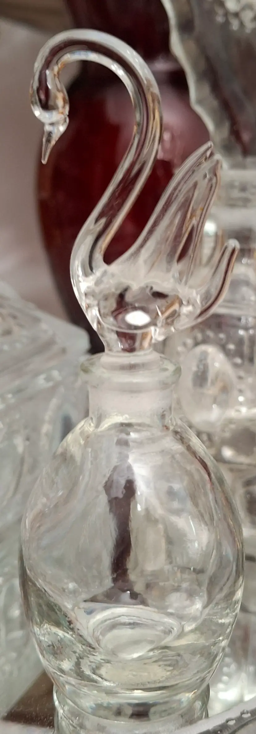 207 Vintage Clear Glass Perfume Bottle with Figural Swan Stopper β Czech, c. 1930sβ40s