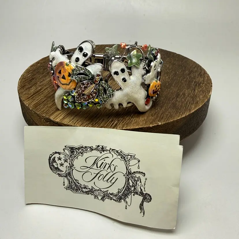 Kirks Folly Pumpkin Patch Party Cuff Hinged Bracelet Ghosts Silver Tone Vintage
