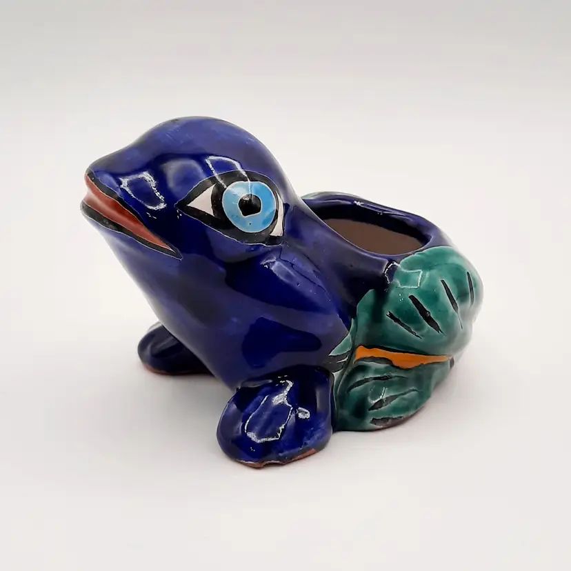 Small Talavera Mexico Frog Planter Blue Green