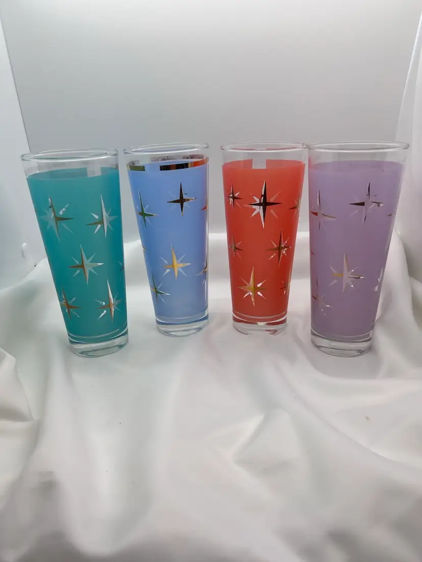 Set Of 4 Vintage MCM Bartlett-Collins Atomic North Star Tall Collins Cocktail Glasses With 22K Gold