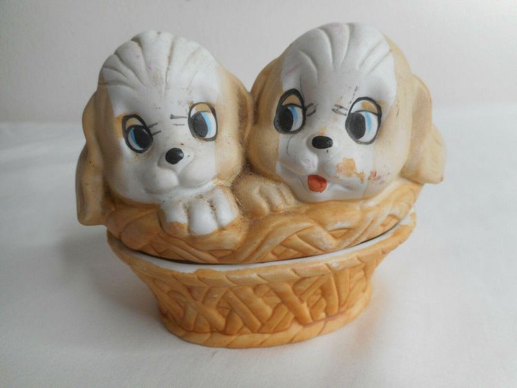 Vintage Porcelain Puppies / Dogs in Basket Trinket Dish