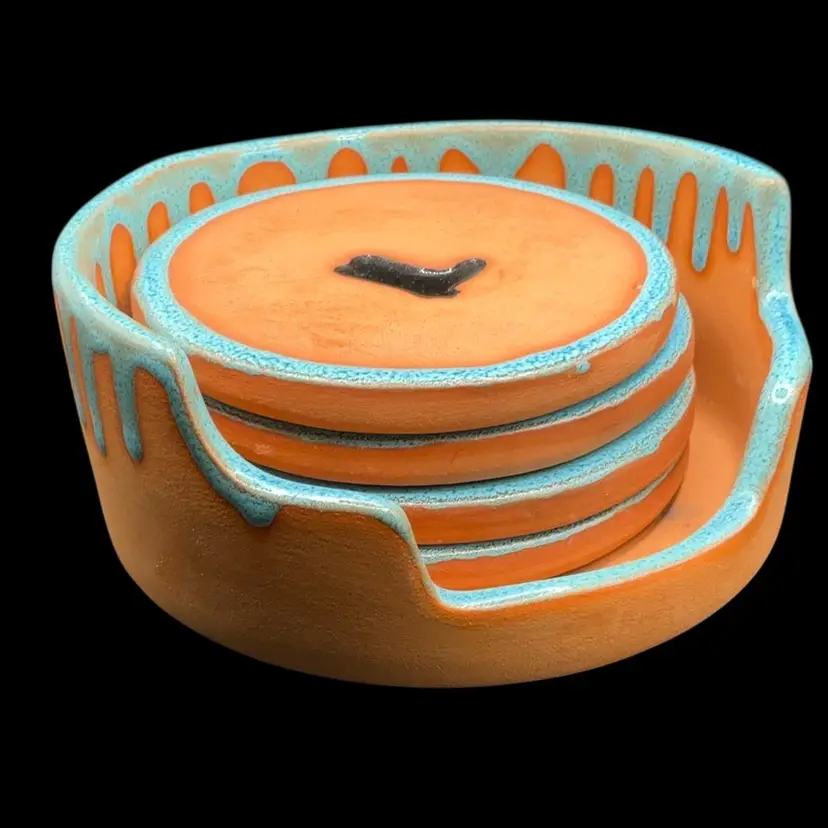 Osborne Collection Pottery Southwest Motif Coasters Set Of (4) With Holder **As Is** 4” Round