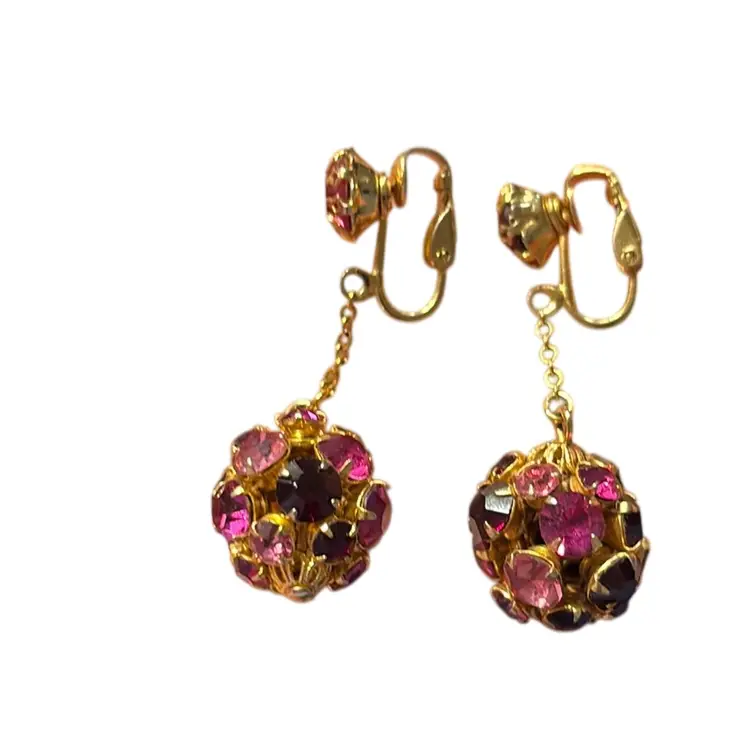 Vintage Clip Back Dangle Earrings Red And Pink Rhinestone Balls  1 3/4 “