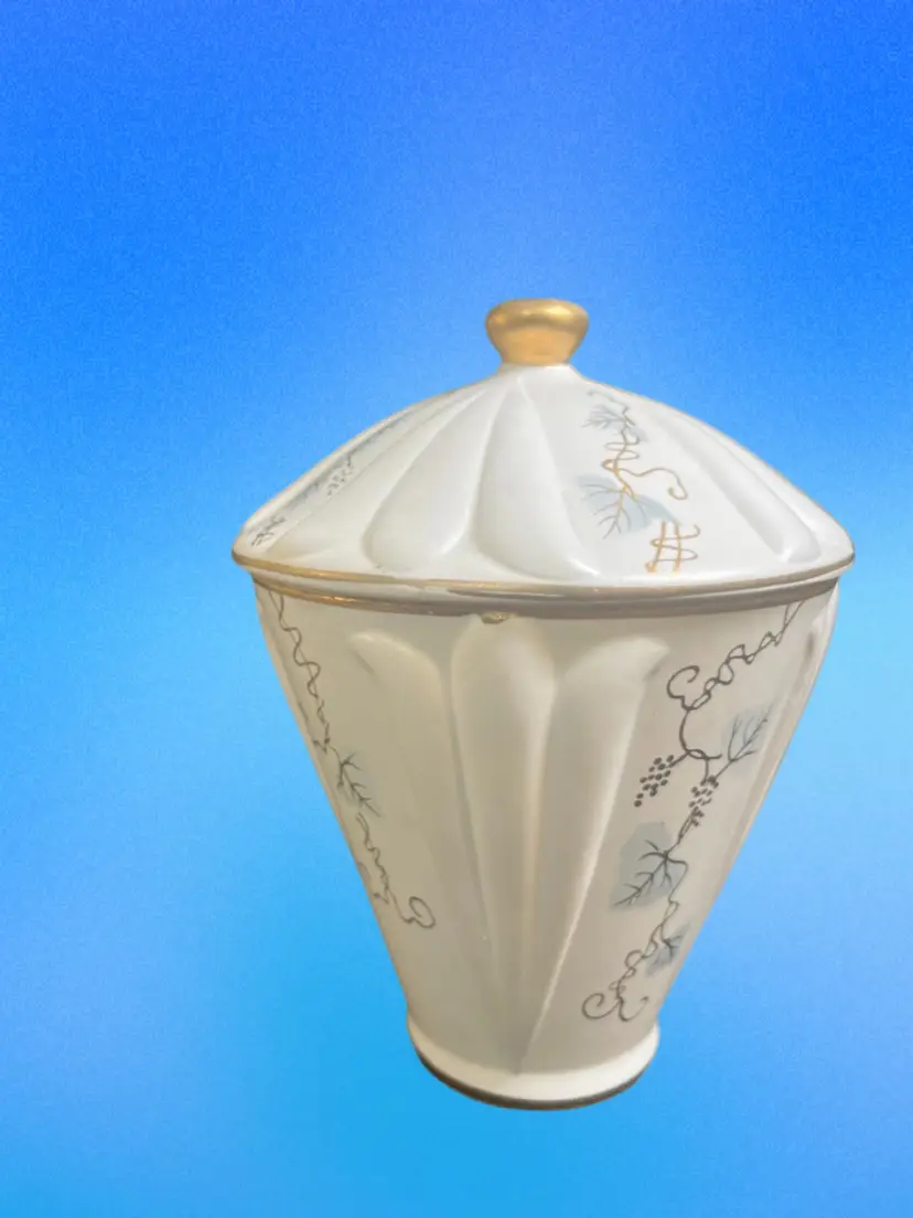 #01 Vintage Lefton Bisque Covered Jar. #643. Hand Painted Grapes, Vine & Leaves. Golds & Blues.