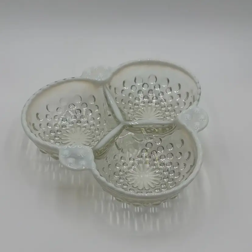 Fenton Moonstone Hobnail Opalescent White Divided Nut Relish Candy Dish