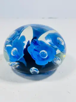 Vintage Joe St. Clair Clear and Blue Domed Paperweight Blue Trumpet Flowers 3.5"