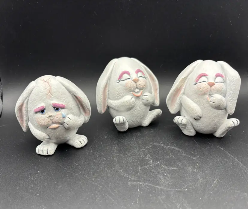 Easter Bunny Rabbits, happy, sleepy and sad, vintage Scioto Ceramic Molds, Bisque, Age appropriate wear