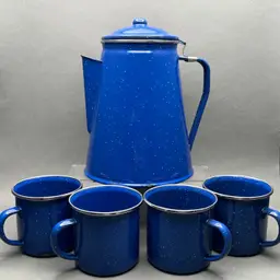Vintage Blue Enamelware Coffee Pot With Hinged Lid and 4 Cups
