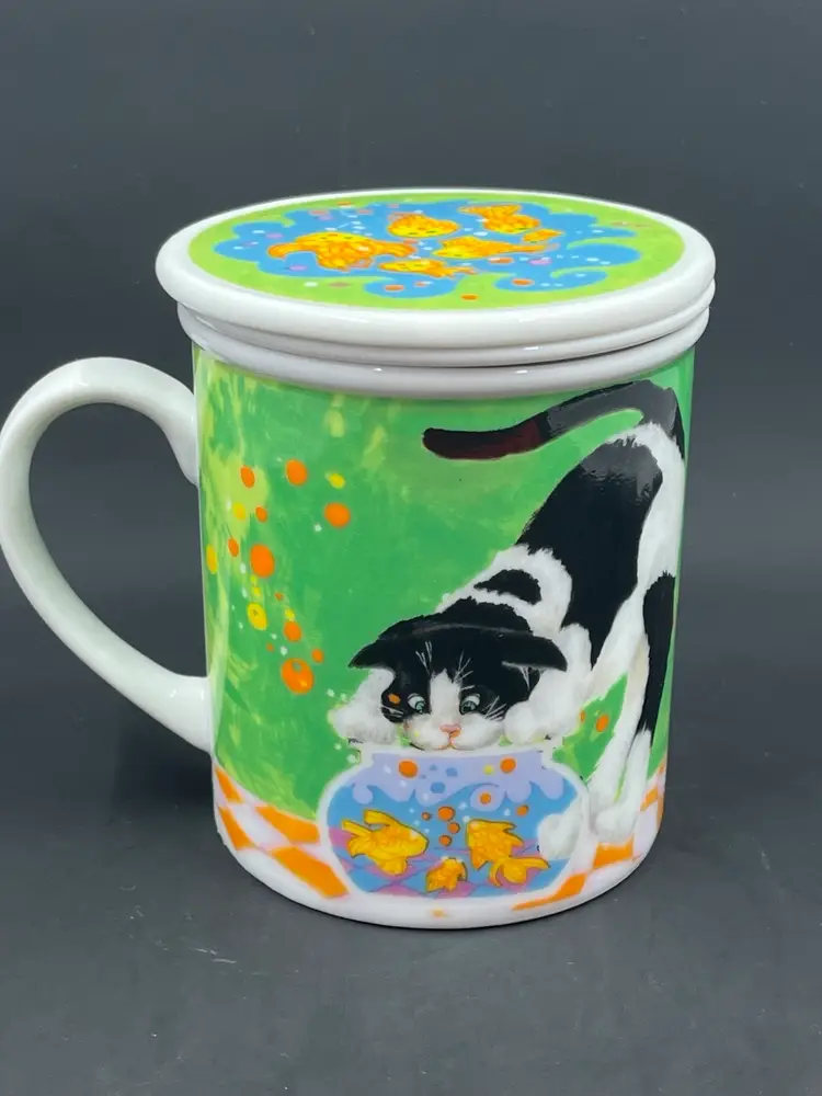 1998 Cat And Goldfish Tea/Coffee Mug With Strainer And Lid