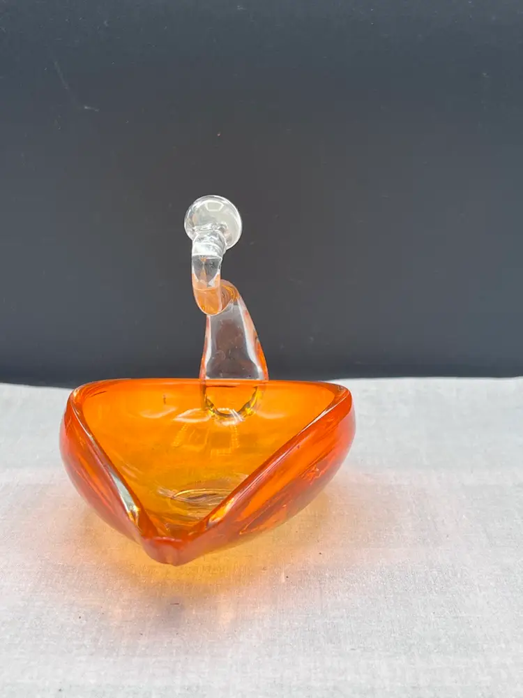 Vintage Duncan & Miller Art Glass Swan Bowl/Candy Dish/Ash Tray Orange & Clear