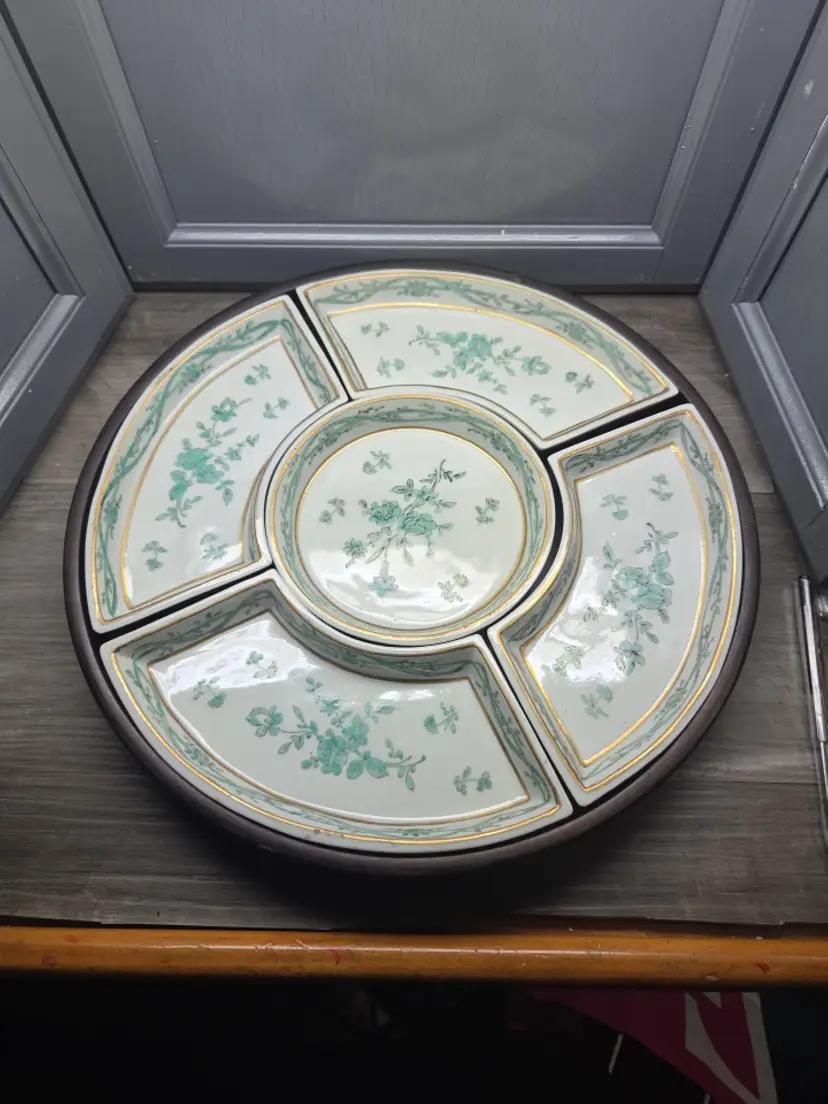 Japan Hand Painted Porcelain Divided Five Section Dish With Flower W/Wooden Tray