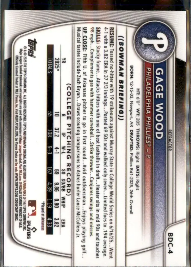 2025 Bowman Draft #BDC-4 Gage Wood Chrome Refractor - (138) - Philadelphia Phillies