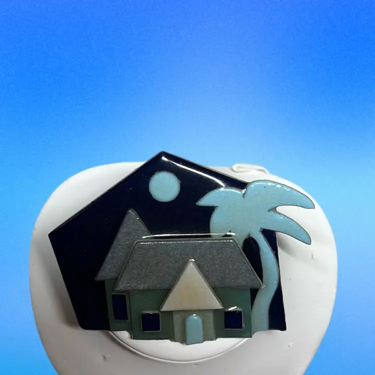 Vintage Lucinda Pin - Black Background With House, Moon And Palm Tree.