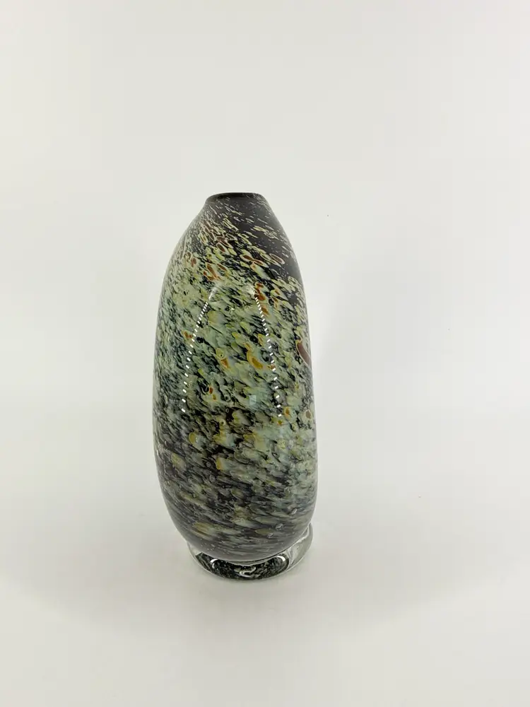 Signed David Traub 1991 Abstract Blown Glass Smash Vase Cased Pedestal Blk/Brn