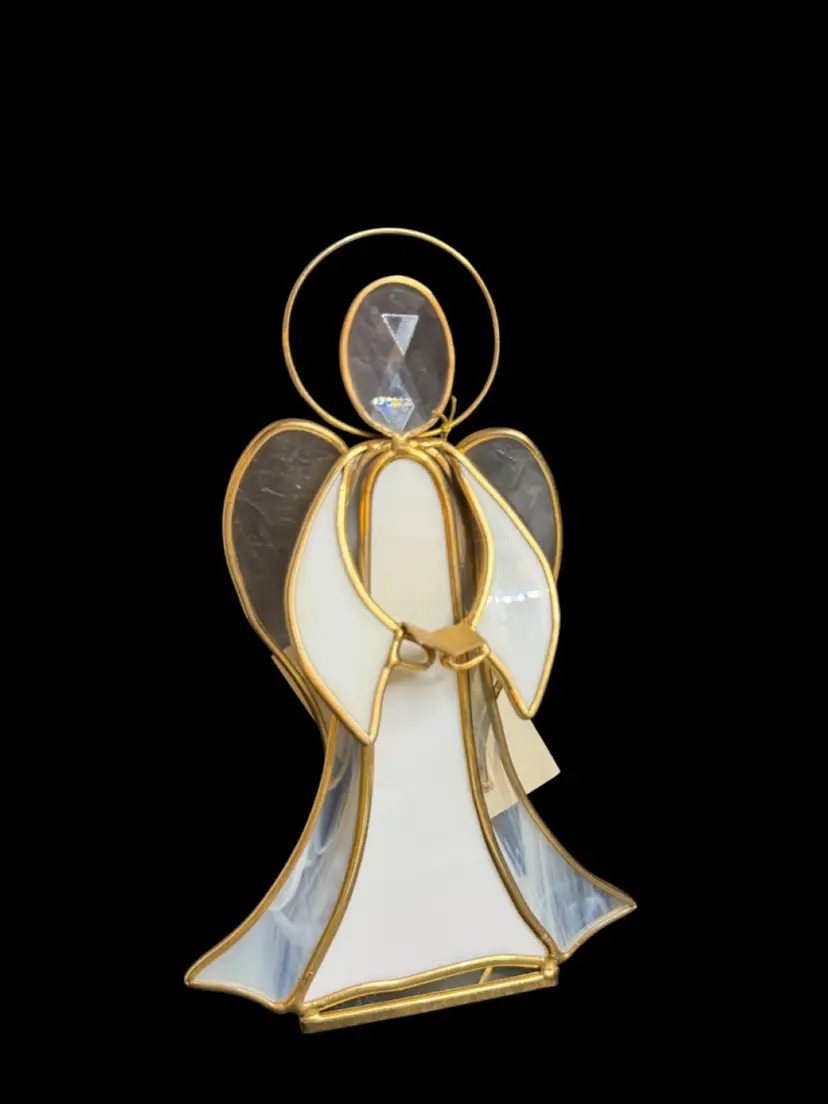 1994 Glass House Studios Angel “Ann Marie” Angel 24K Gold Plated White Stained Glass  Clear Etched Glass Wings Signed W/Tag
Limited Edition #236 Of 1500 
8-3/4” T x 5” L x 2” W