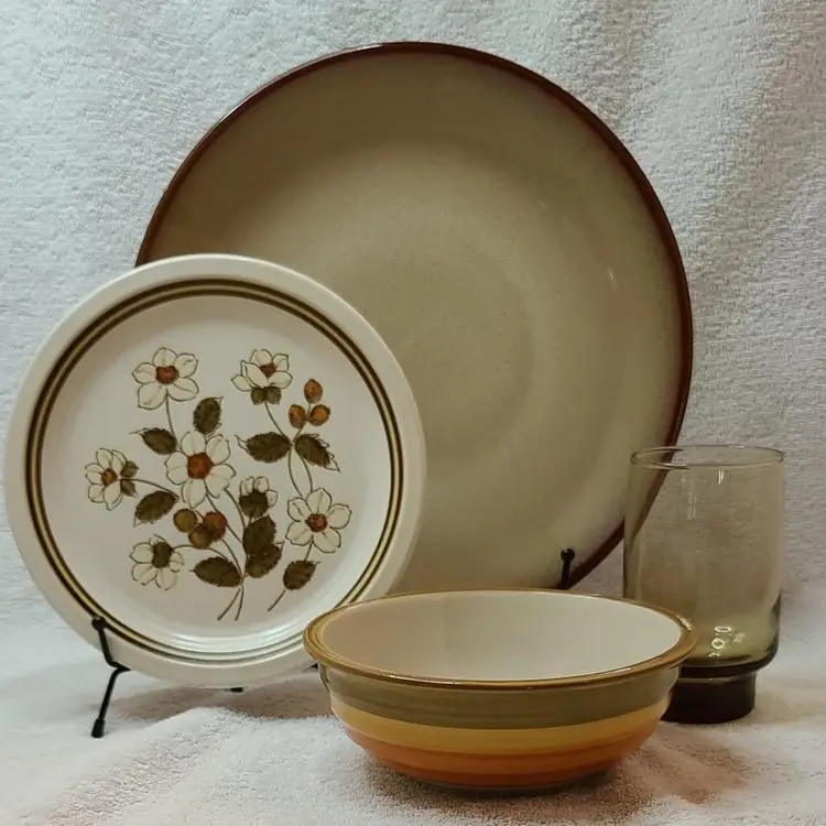 Mix~Match Brown Floral Orange Stripe 4 pc place setting