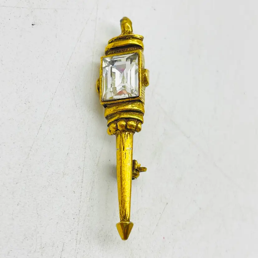 GOLDETTE Lantern Pin Gold Tone Rhinestone Street Light Beacon Torch Lamp Post