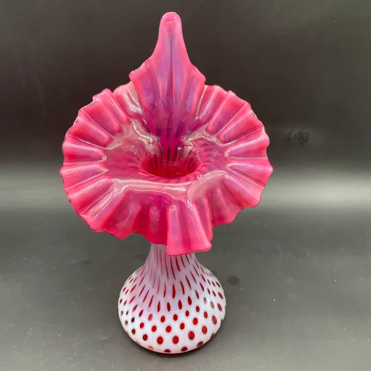 Vintage Fenton Art Glass Cranberry Opalescent Polka Dot Jack In The Pulpit Vase