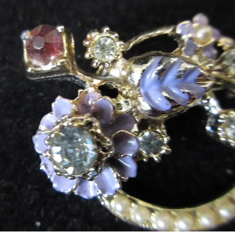 Vintage Gold Tone Metal, Enamel, Faux Pearl, White & Amber Rhinestone Rose Floral Brooch - 1.25 Inches Long