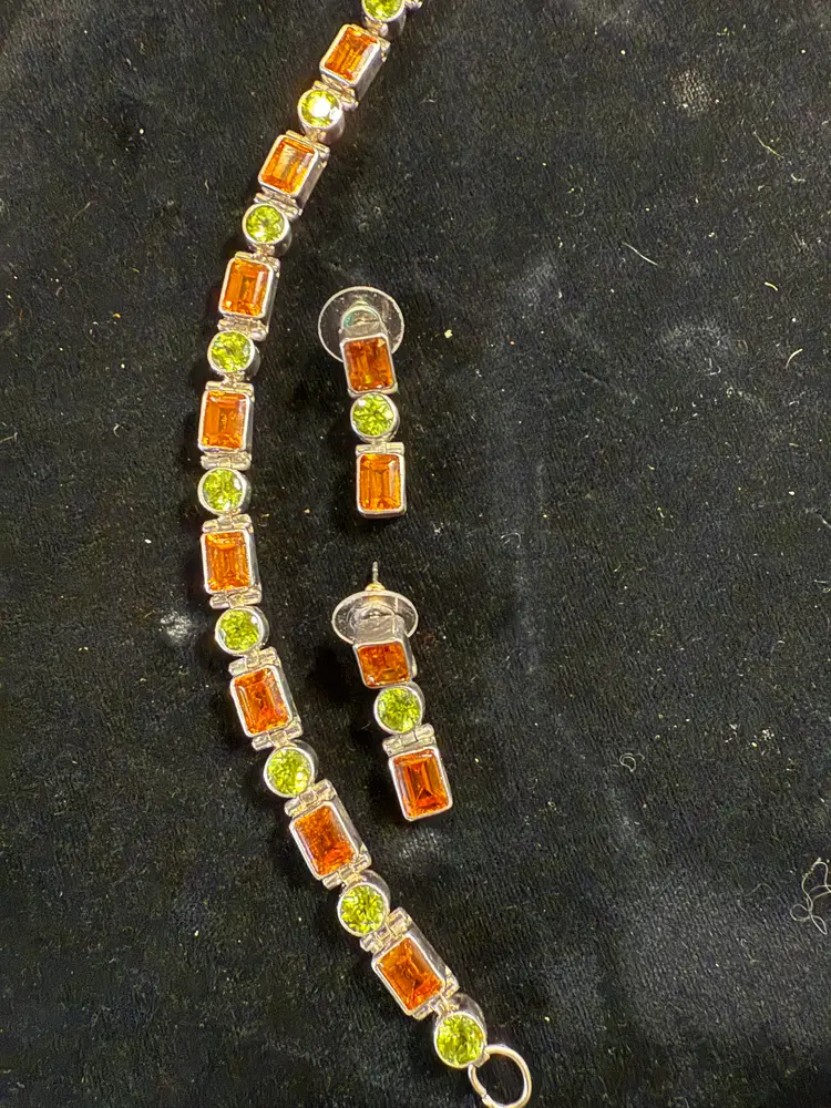 Sterling Silver Amber & Green Crystal Bracelet (7") & Earrings