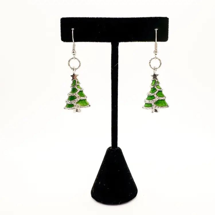 Christmas Tree Dangle Earrings Silver Tone Green Enamel 2"L
