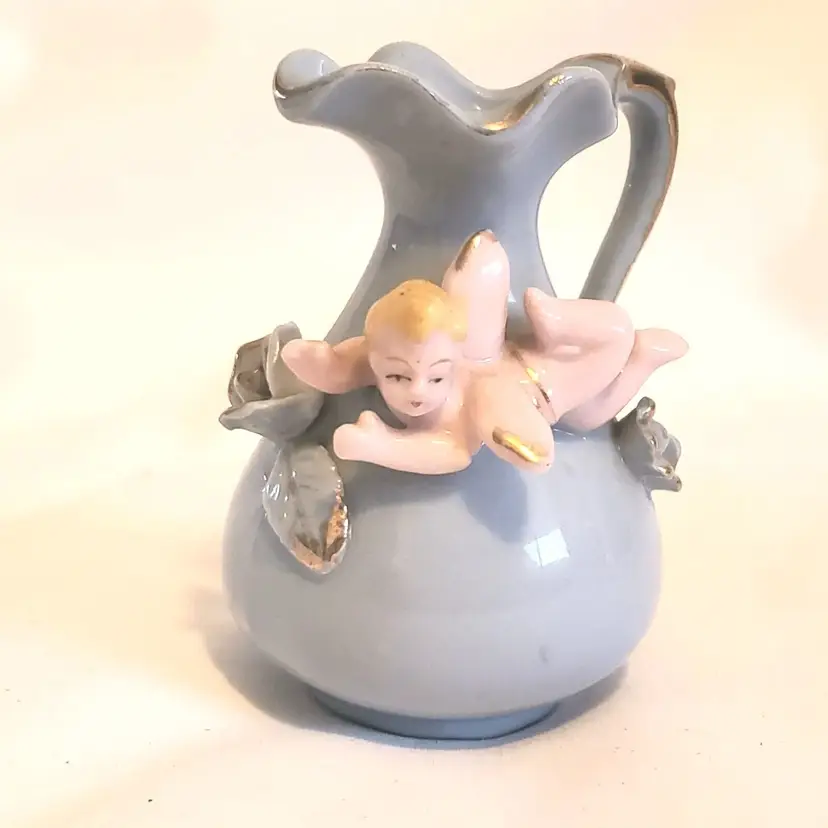 Angel Flowers Ceramic Vase Pitcher Light Blue Pink Gold 3” MCM Unbranded Vintage