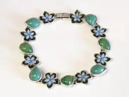 Floral and Teardrop Gemstone Bracelet Sterling Silver Blue Green