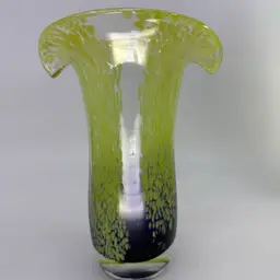 Green & Purple Confetti Styled Art Glass Vase 8”