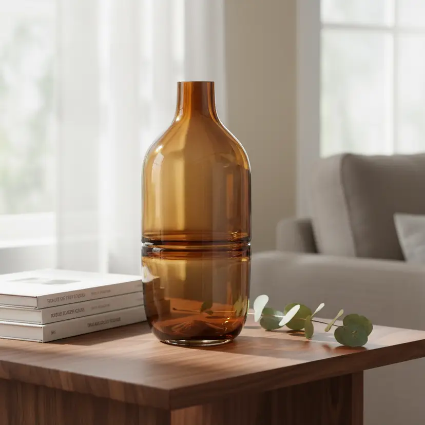 Tall Amber Hand Blown Line Vase, 15.25" Tall