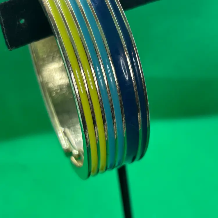 Vintage Silver Tone Striped Lime green And Blue Enamel Hinged Bracelet